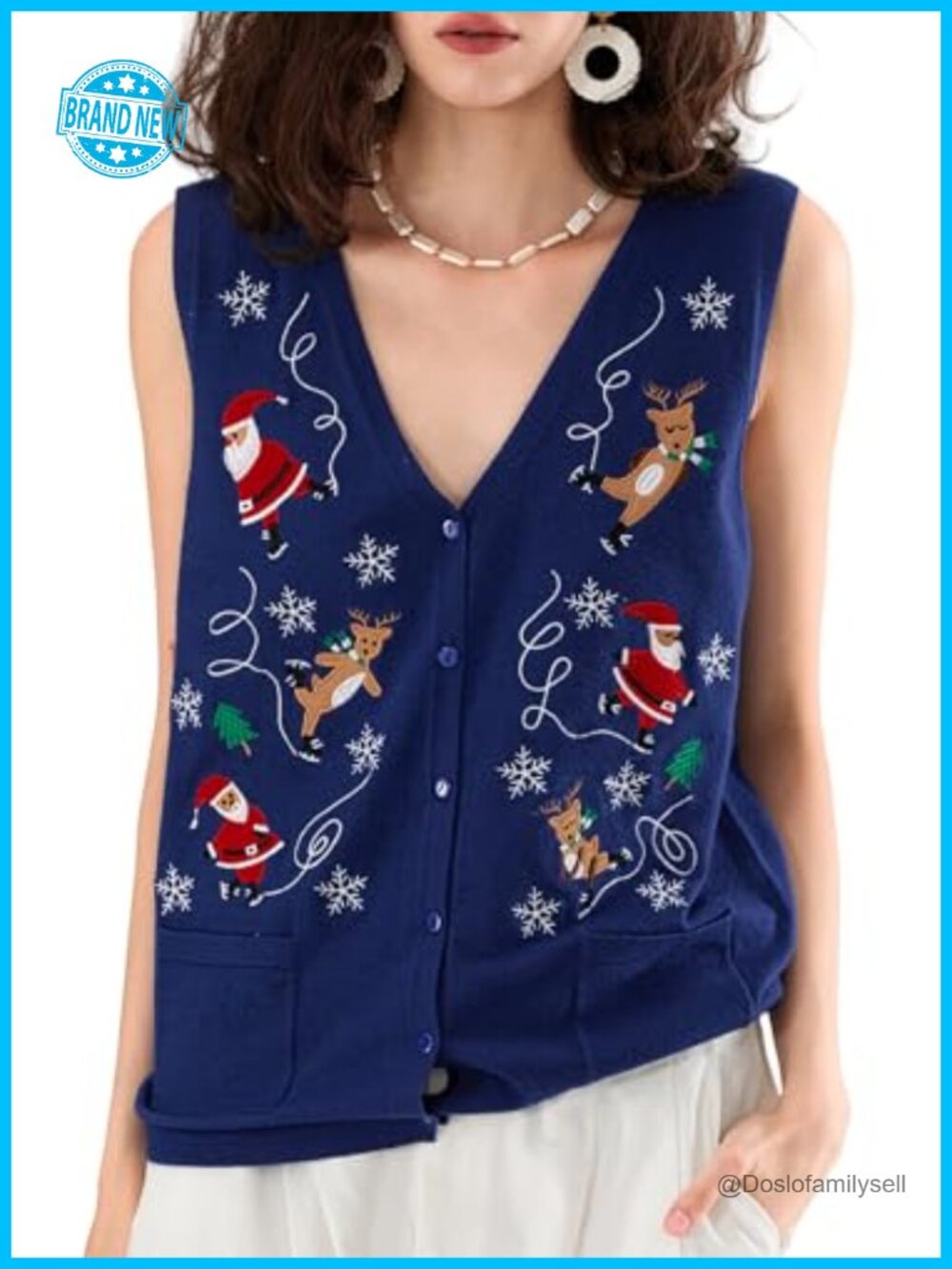 Women's Christmas Button Sweater Vest Embroidered Sleeveless Cardigan